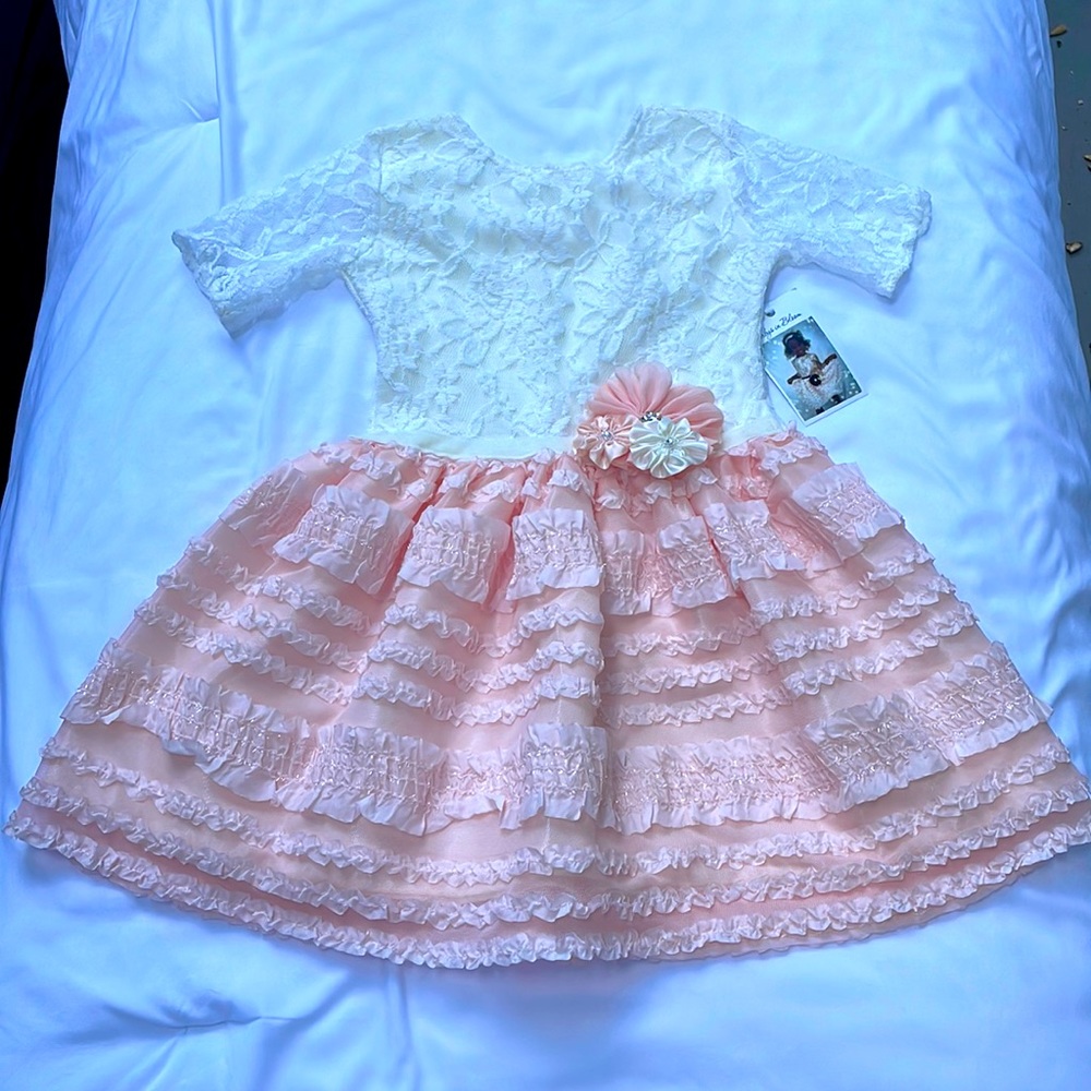Babys in Bloom by Angelique party dress. Pink & white. 3 florets w/ rhinestones.